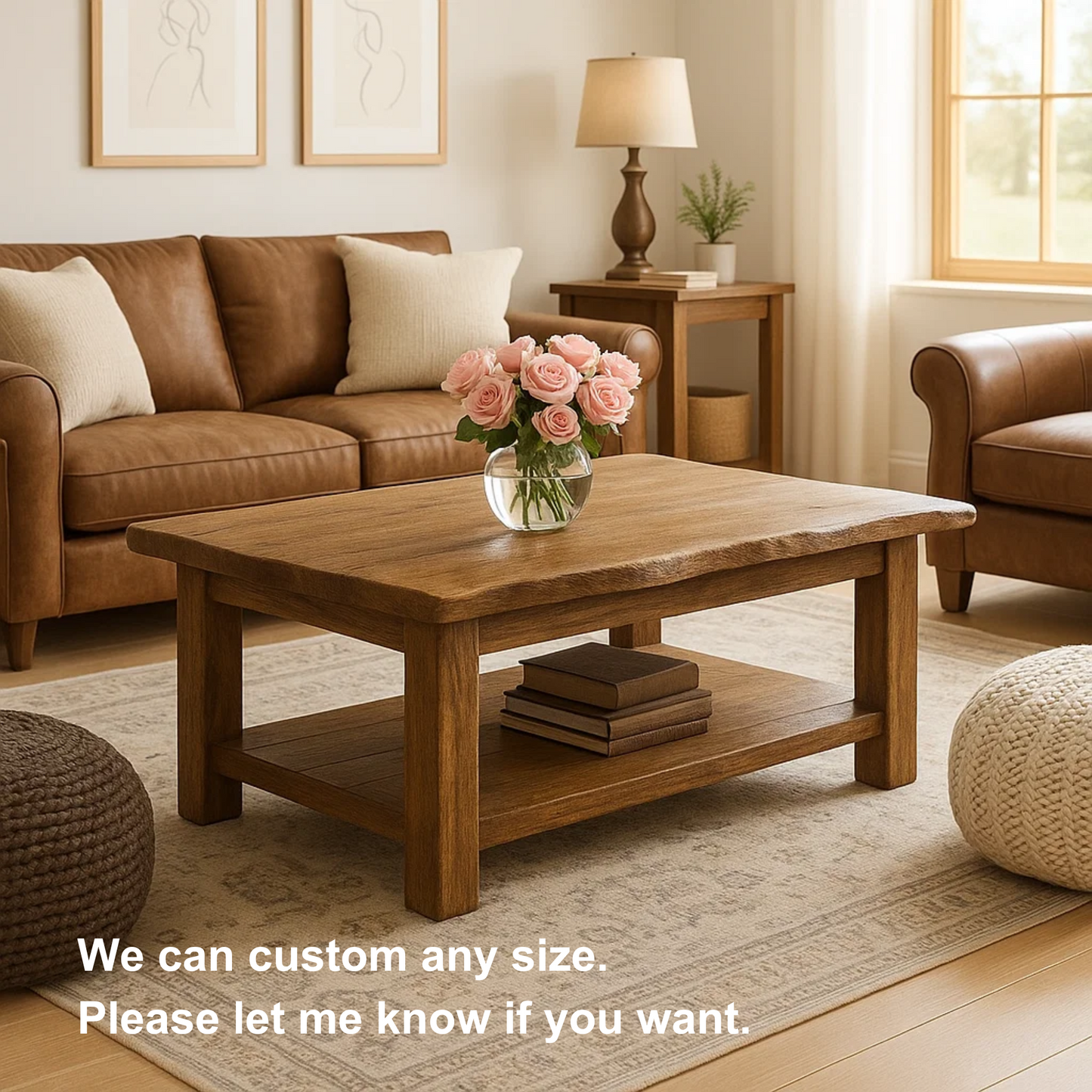 Handcrafted Solid Wood Coffee Table with Natural Live Edge – Rustic Farmhouse Center Table with Bottom Shelf for Cozy Living Rooms Kitchnce