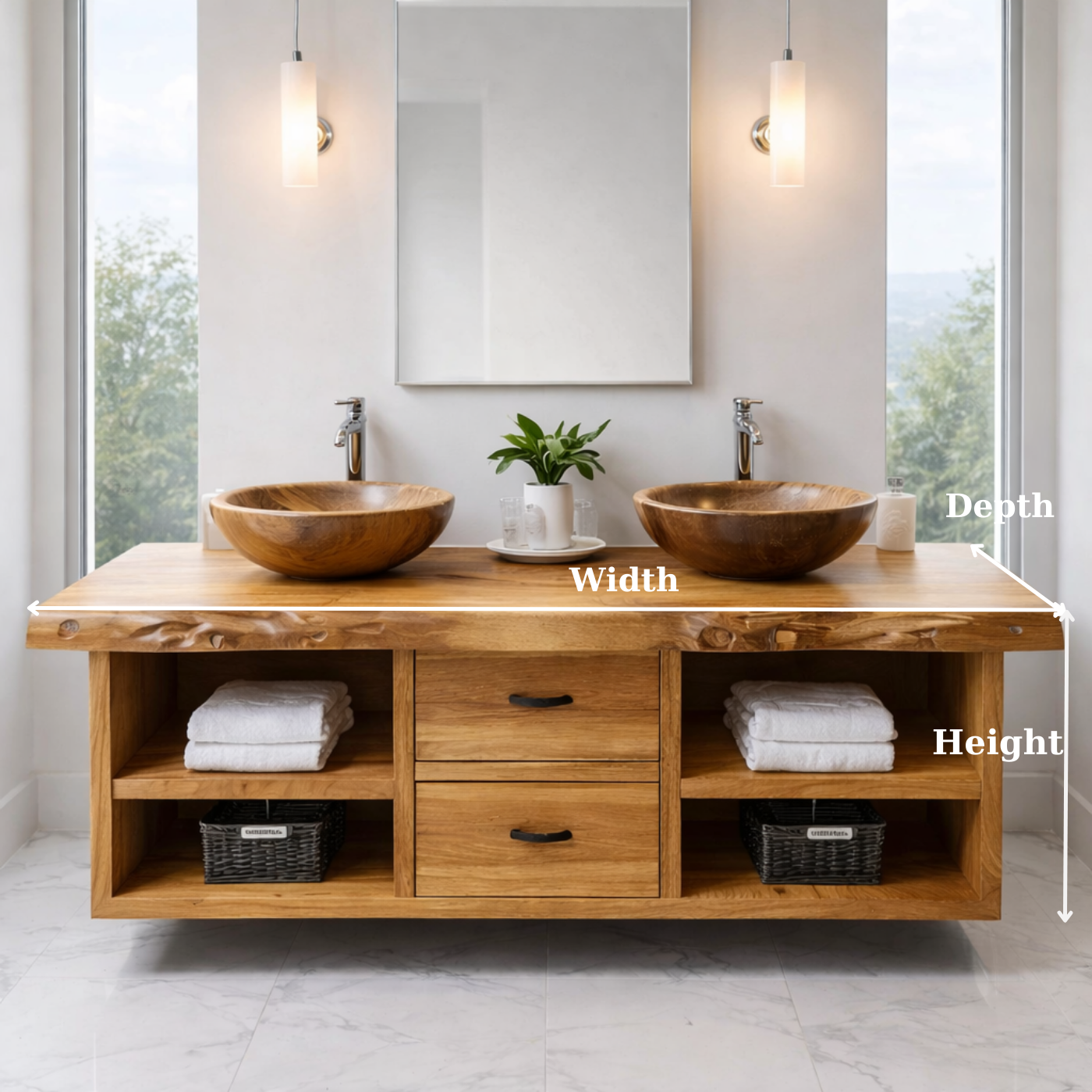 Floating Solid Wood Bathroom Vanity Cabinet with Drawers and Open Shelves