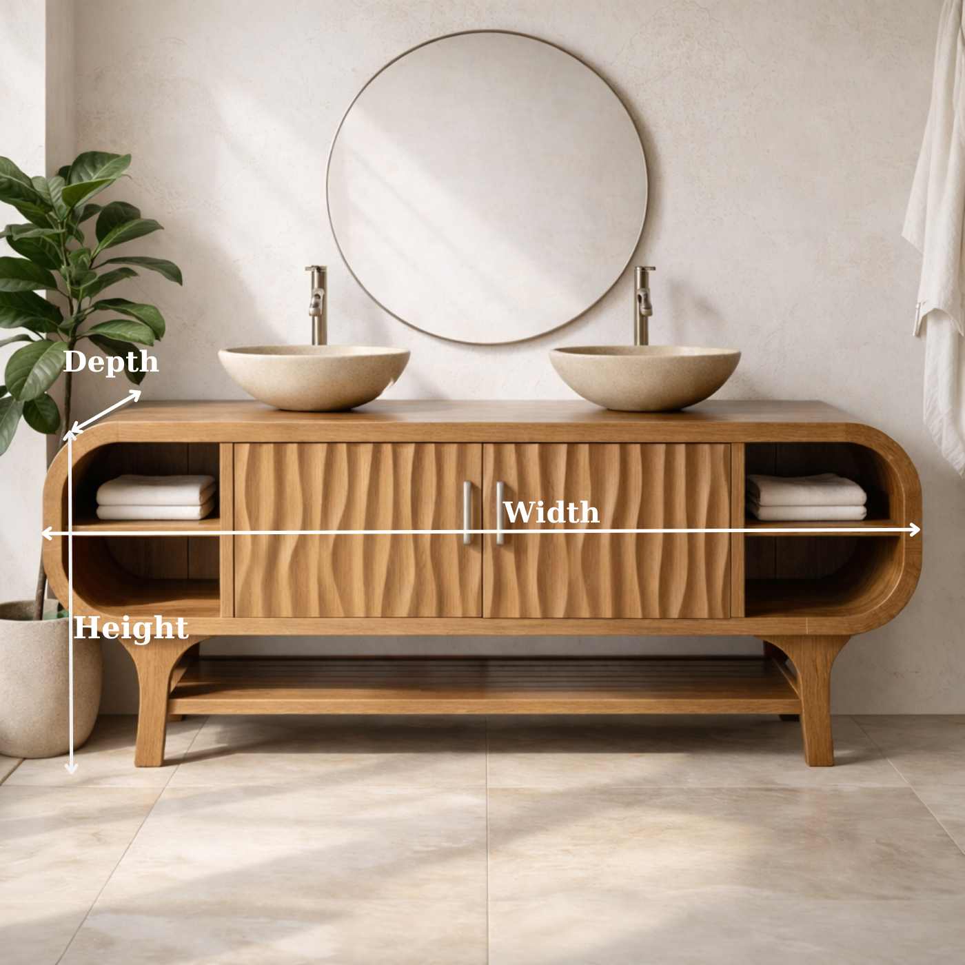 Solid Wood Bathroom Vanity Cabinet with Wave Texture Doors and Open Shelves