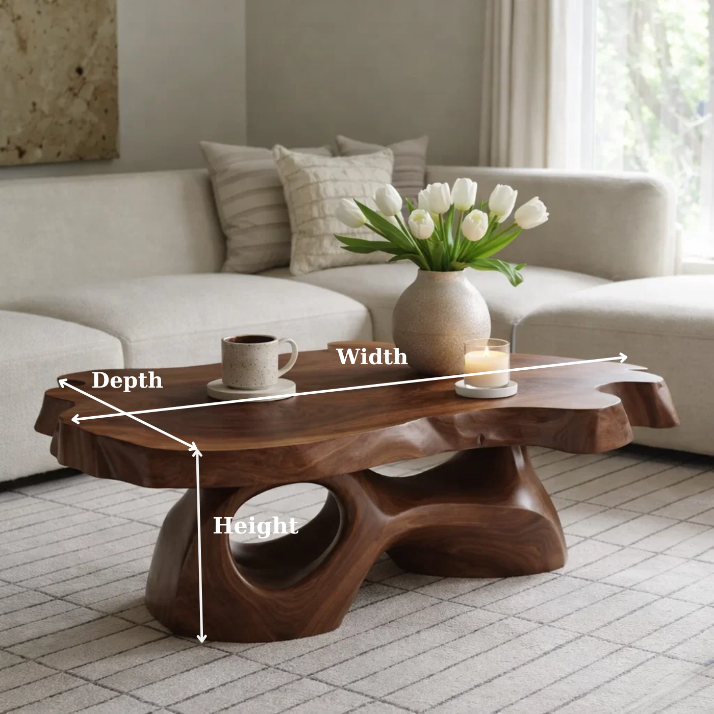 Solid Wood Live Edge Coffee Table with Sculpted Organic Base