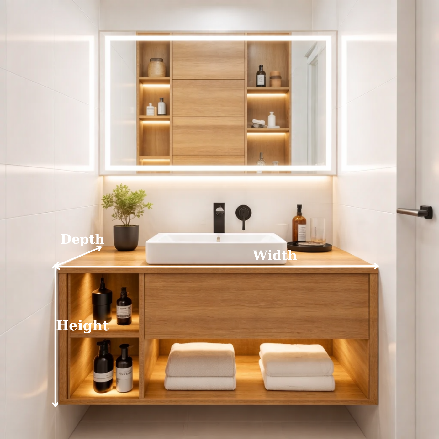 Floating Solid Wood Bathroom Vanity with Drawer and Open Shelves – Modern Minimalist Vanity Cabinet