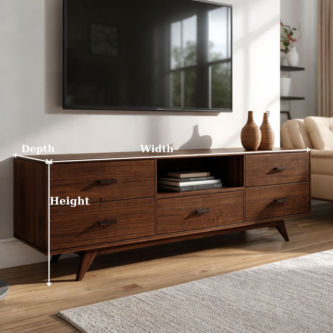 Mid-Century Solid Wood TV Stand with Drawers – Modern Walnut Media Console