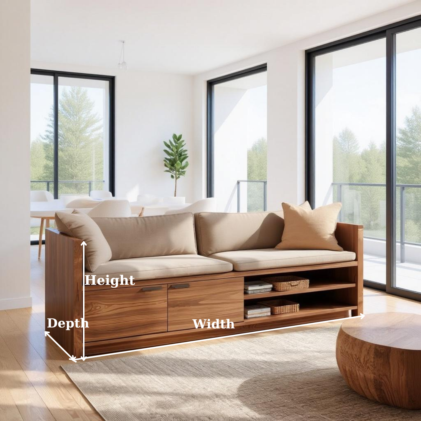 Solid Wood Storage Sofa – Modern Wooden Sofa with Drawer and Shelving