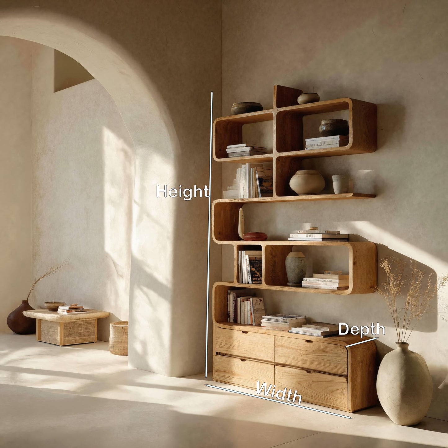 Minimalist Bookshelf With Curved Lines And Storage For Living Kitchnce