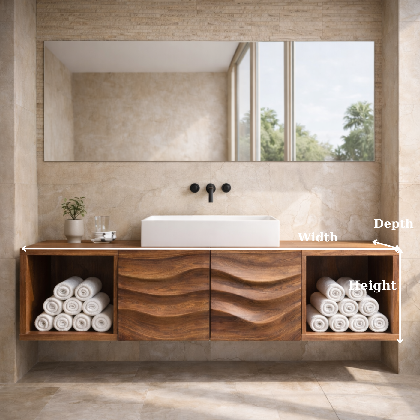 Floating Solid Wood Bathroom Vanity with Wave Textured Doors and Open Shelves