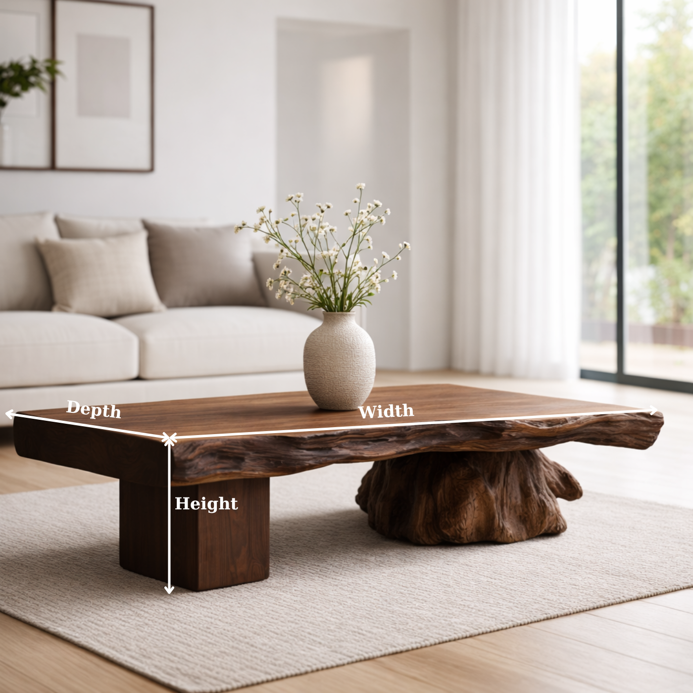Live Edge Solid Wood Coffee Table with Sculptural Base – Handcrafted Rustic Modern Design