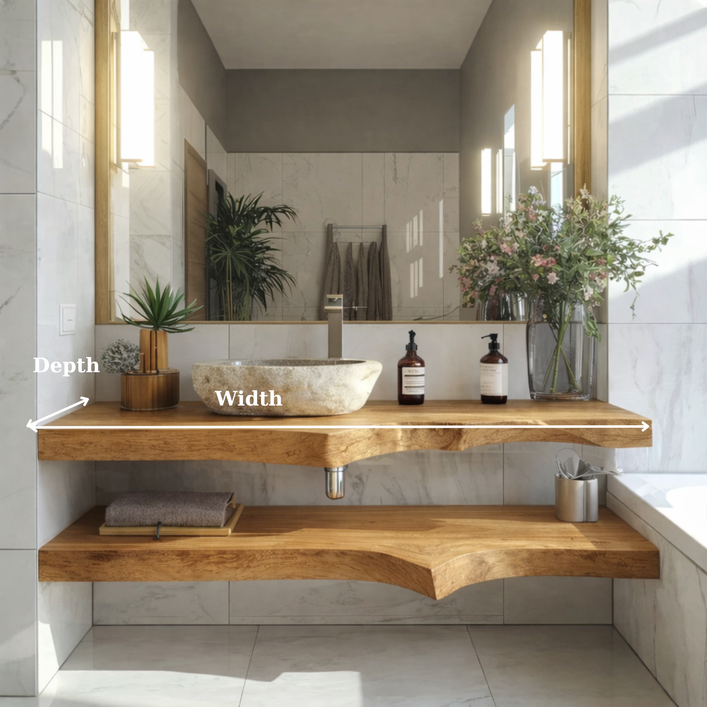 Floating Live Edge Solid Wood Bathroom Vanity with Dual Shelves – Modern Natural Wood Wall Mounted Vanity