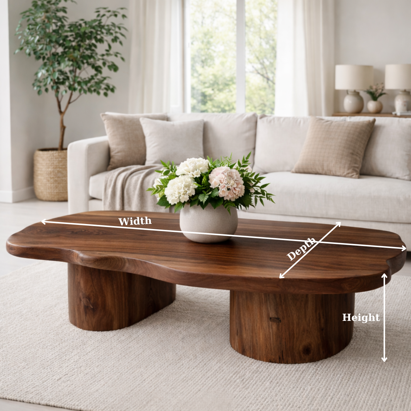 Solid Wood Coffee Table with Organic Shape & Dual Pedestal Base – Modern Rustic Design