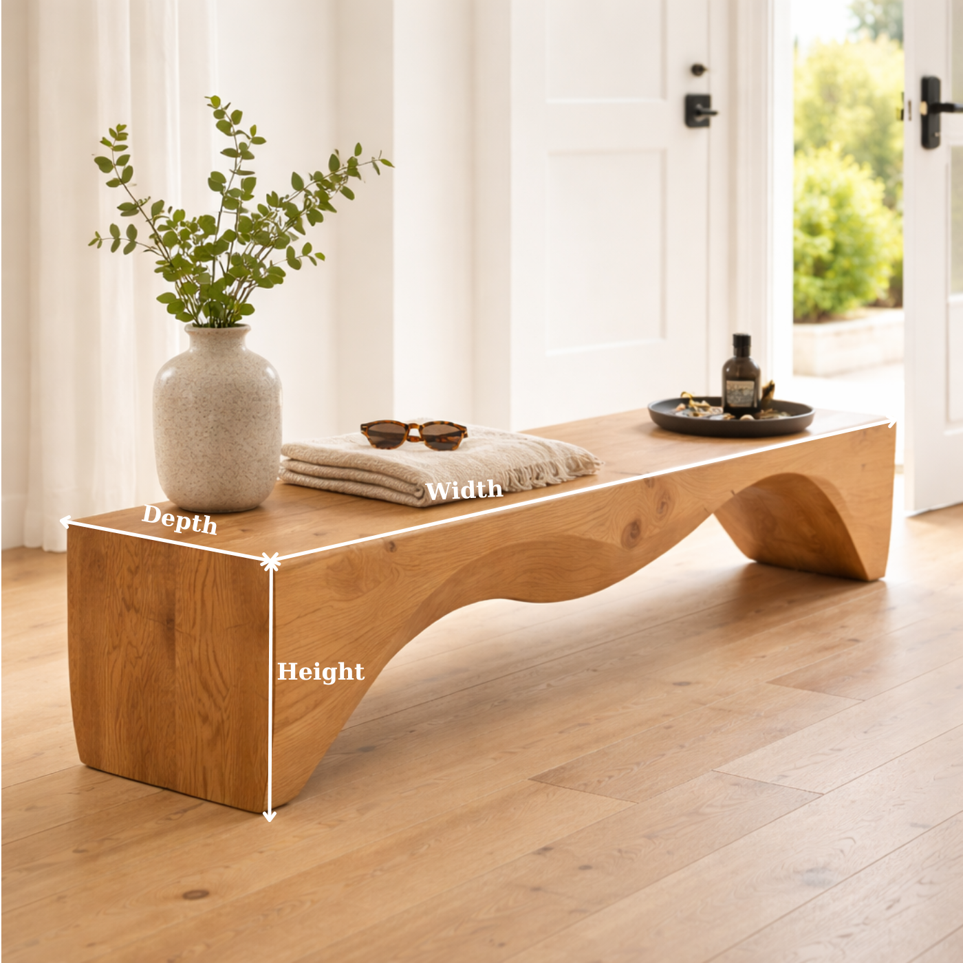 Solid Wood Entryway Bench with Curved Sculptural Base – Modern Minimalist Design