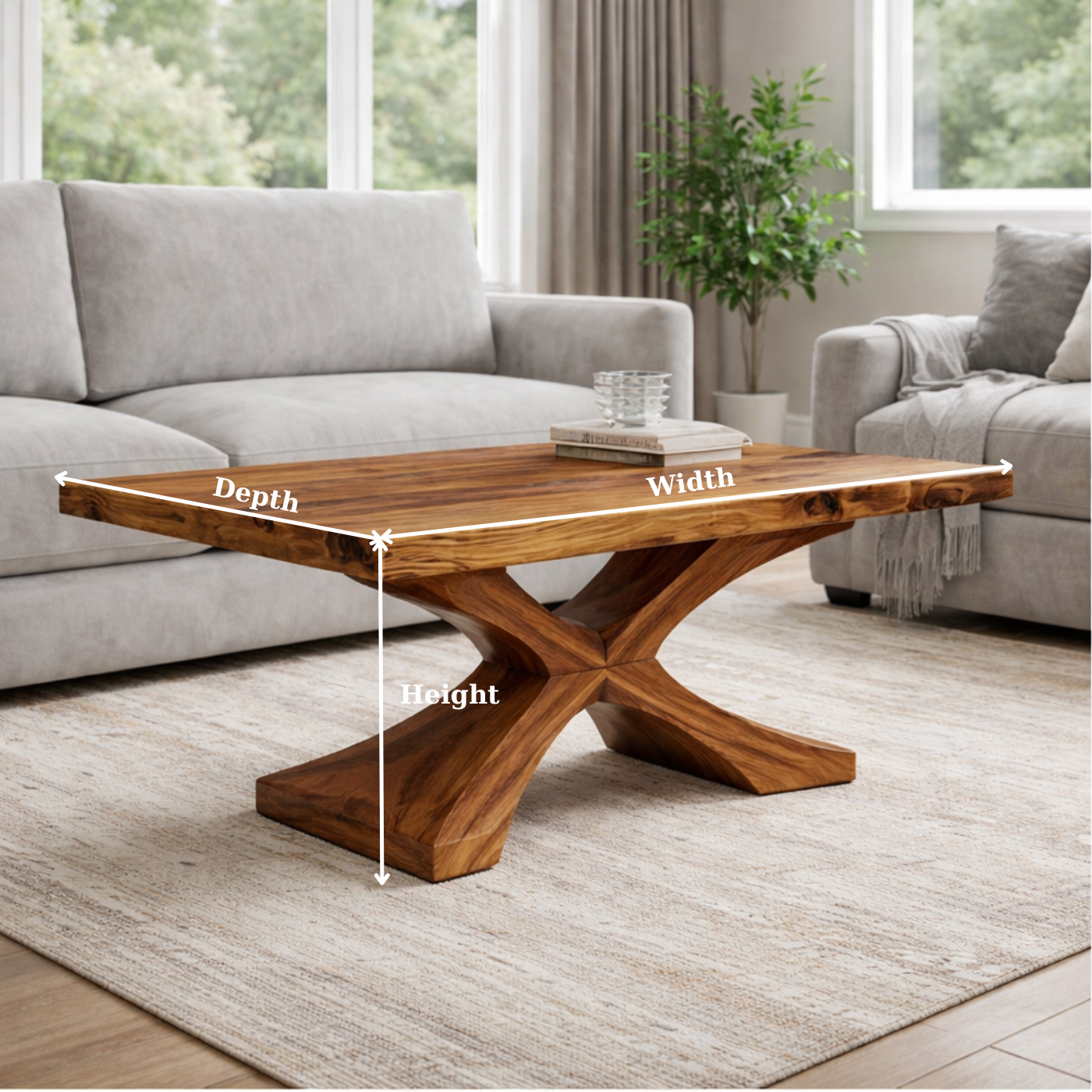 Solid Wood Coffee Table with Sculptural X Base – Modern Rustic Living Room Table