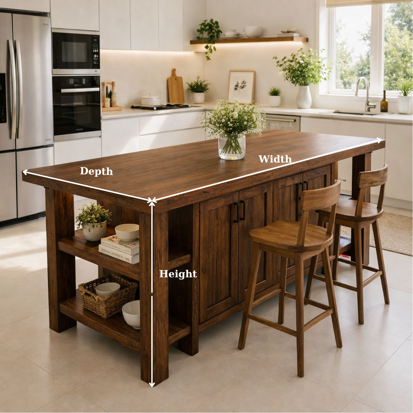 Solid Wood Kitchen Island with Seating & Storage – Rustic Walnut Dining Island Table with Cabinets & Open Shelves