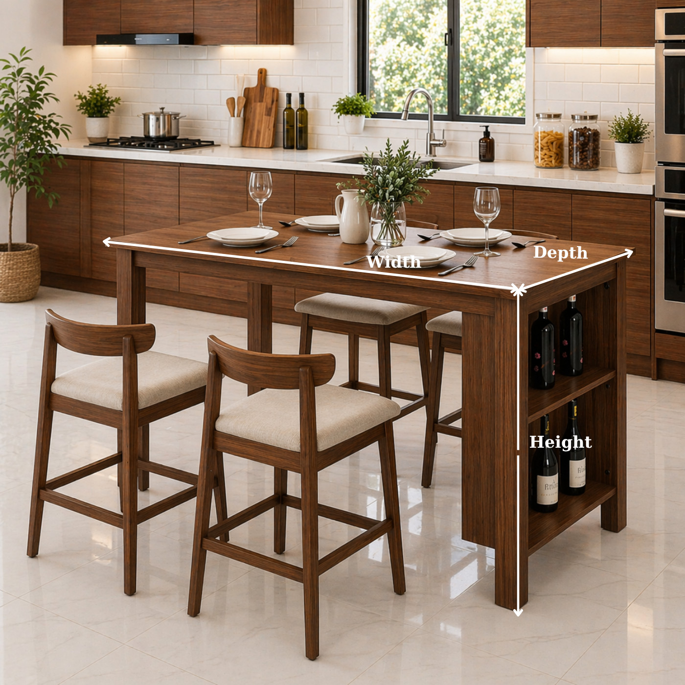 Solid Wood Kitchen Island Dining Table with Wine Rack – Oak Kitchen Table with Storage, Modern Minimalist Dining Island
