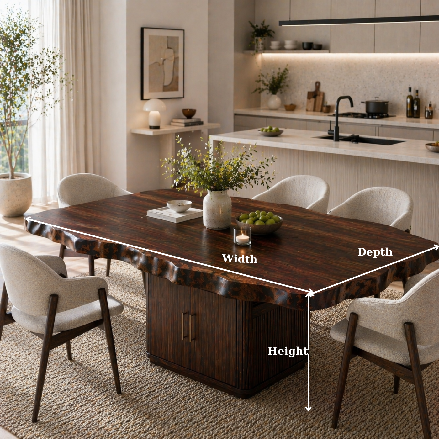 Live Edge Solid Wood Dining Table – Rustic Walnut Slab Table with Sculptural Base
