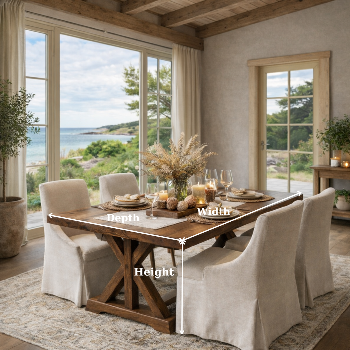Coastal Rustic Solid Wood Dining Table with X-Base