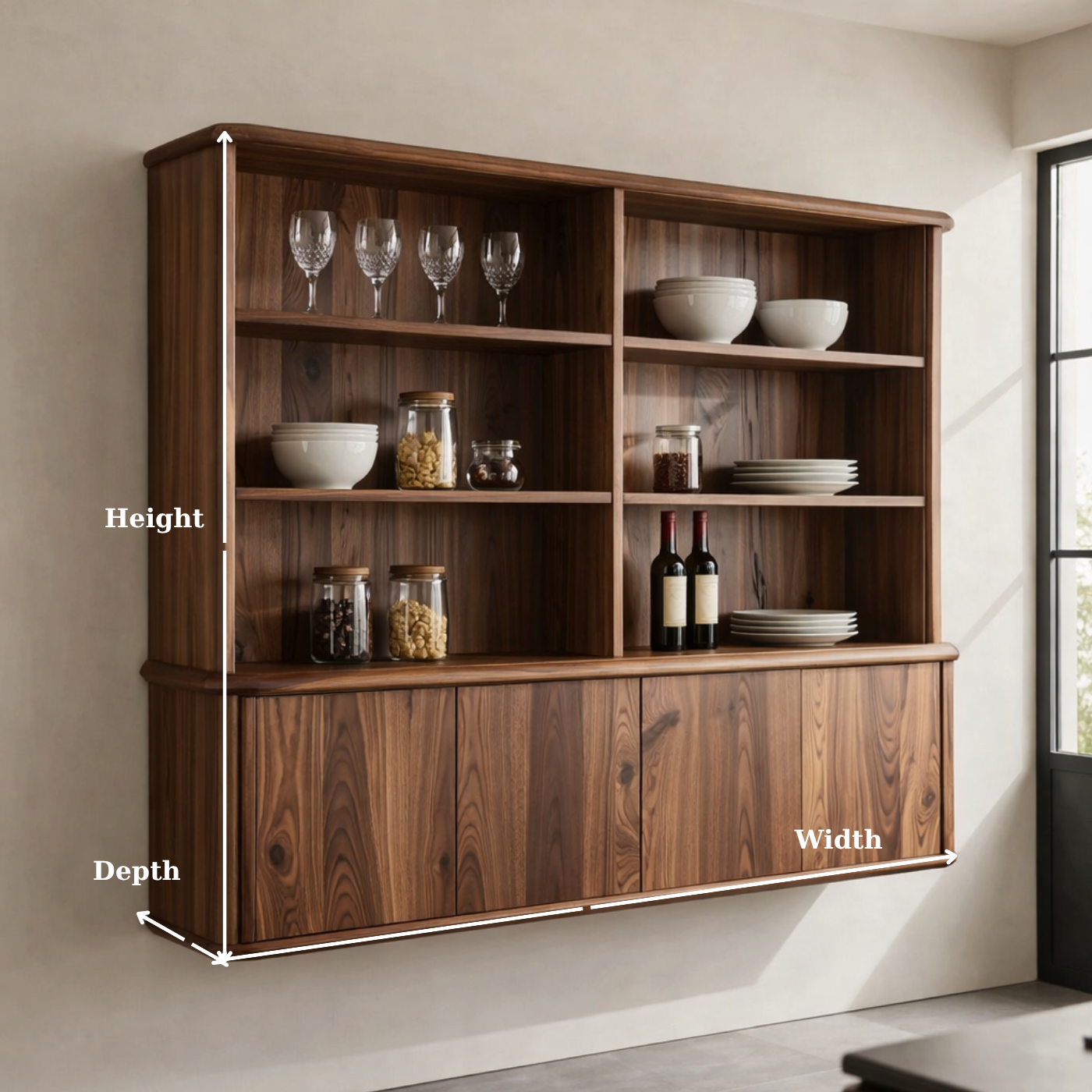 Solid Wood Kitchen Cabinet with Shelves – Wall Mounted Storage Display Unit