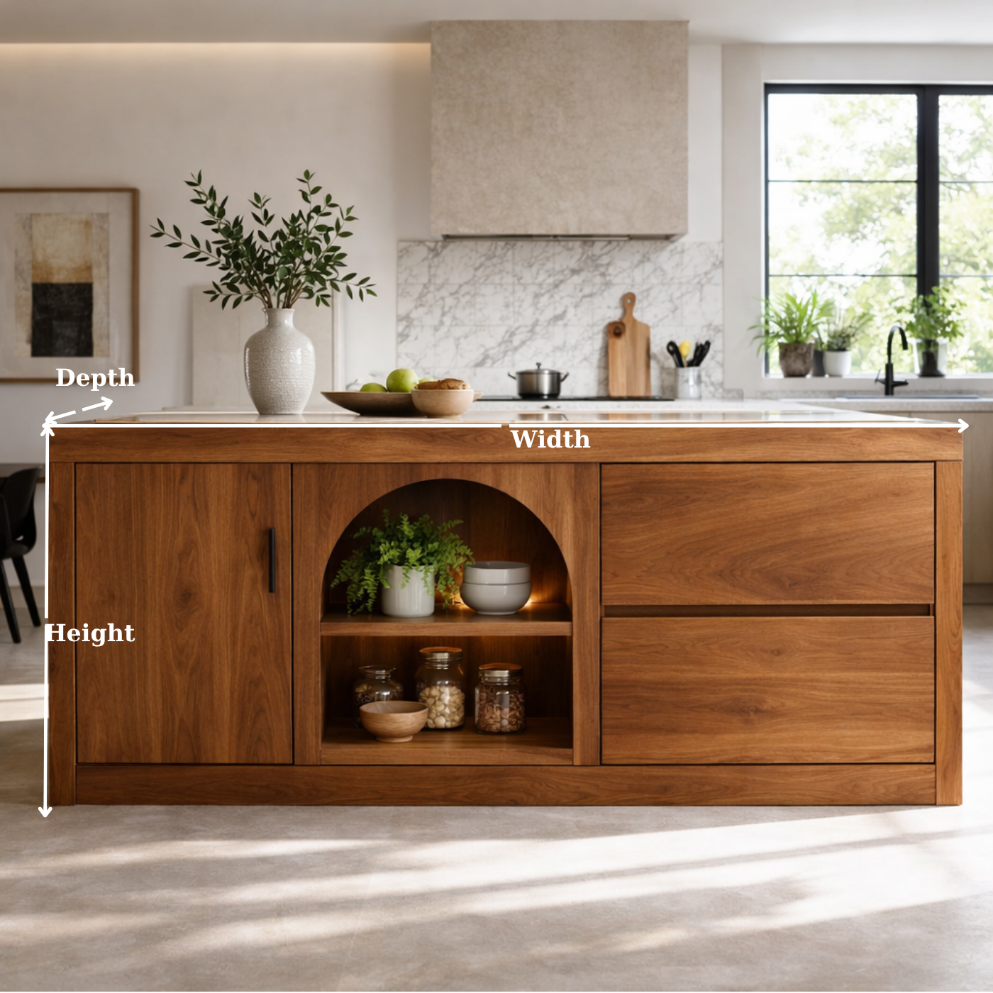 Solid Woood Kitchen Island with Arched Shelf, Drawer & Cabinet Storage