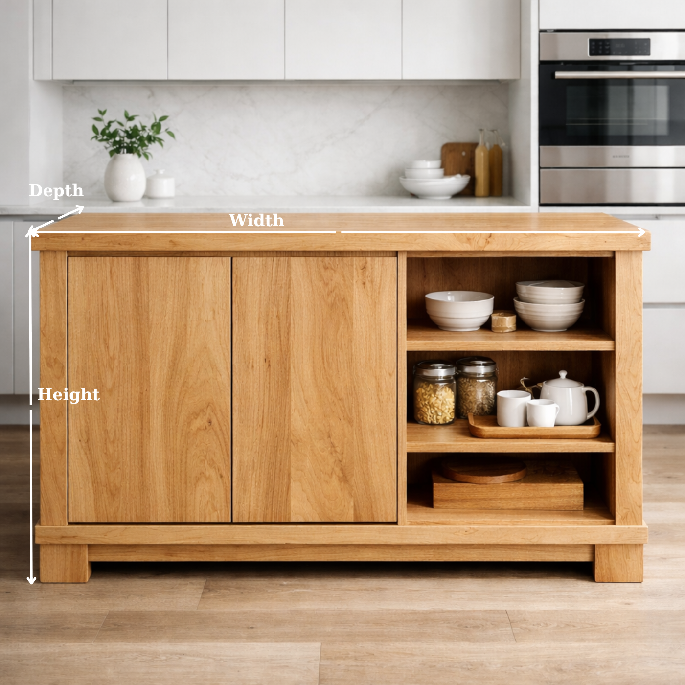 Solid Wood Kitchen Island with Doors & Open Shelf Storage