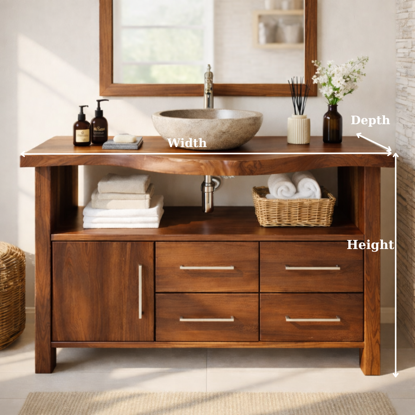 Live Edge Solid Wood Bathroom Vanity with Single Cabinet Door, Four Drawers and Open Shelf for Modern Farmhouse