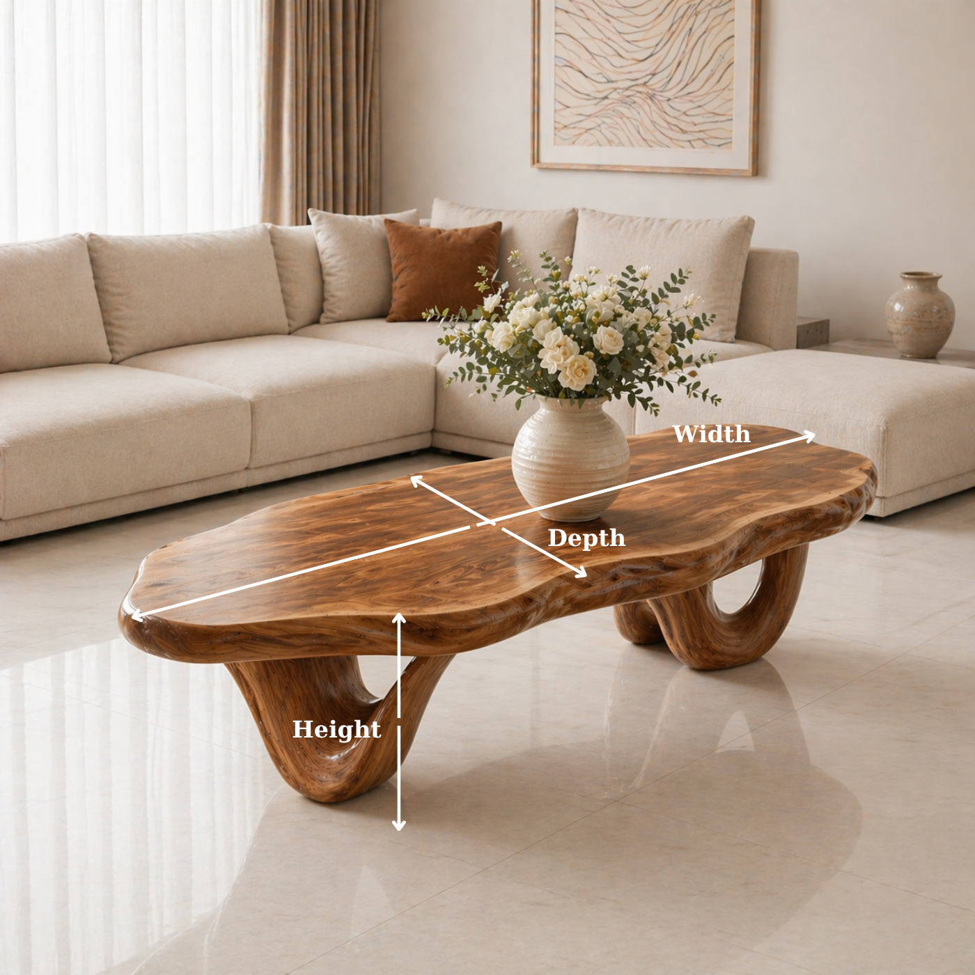 Solid Wood Coffee Table with Live Edge Top and Sculptural Loop Base