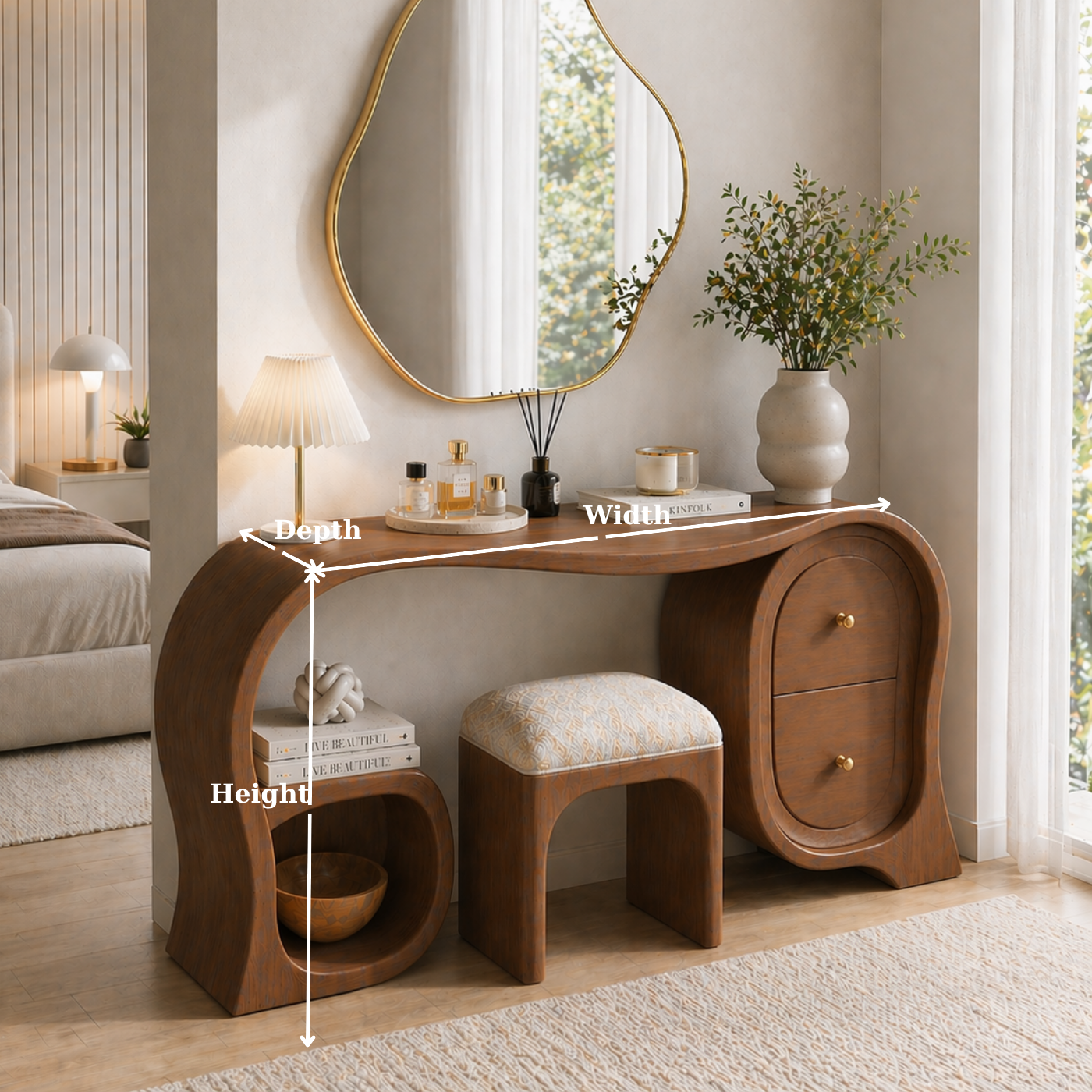 Solid Wood Makeup Vanity Desk with Sculptural Arch Design and Drawer Storage