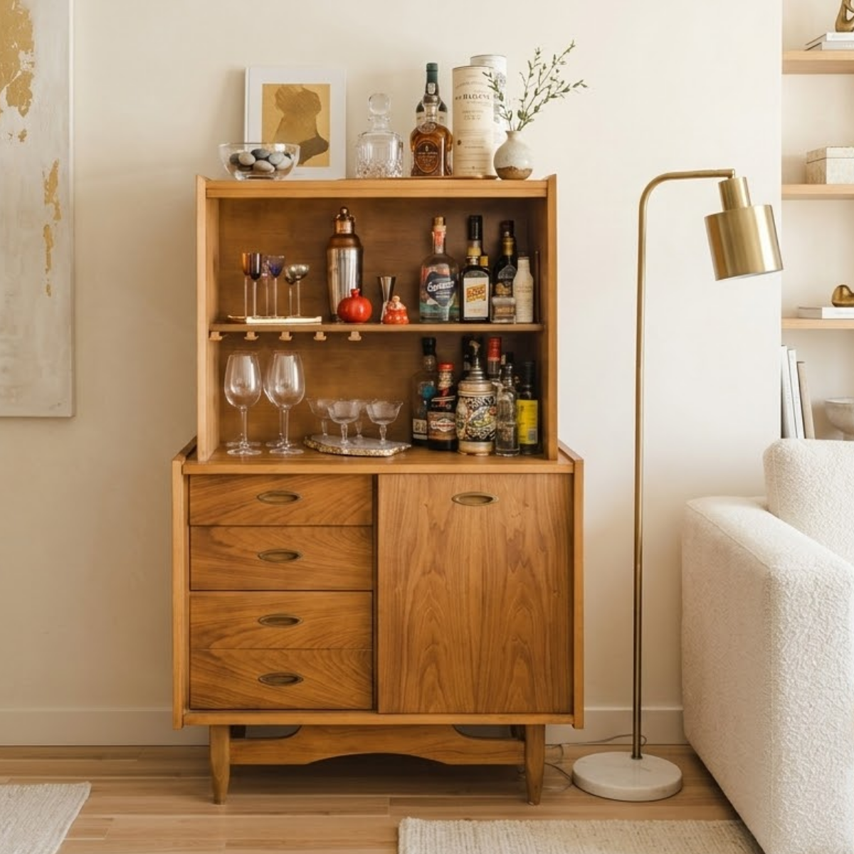 Contemporary Wooden Bar Cabinet with Drawers, Entertaining Storage and Display Shelf