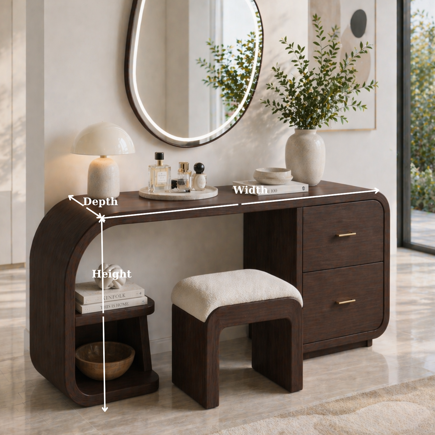 Solid Wood Makeup Vanity Desk with Curved Design and 2 Drawer Storage