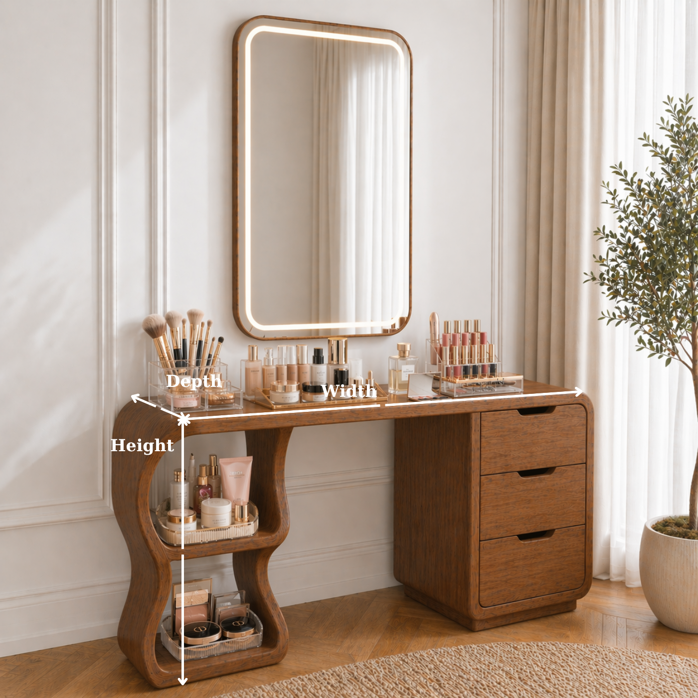Solid Wood Makeup Vanity Desk with Sculptural Curved Base and 3 Drawers
