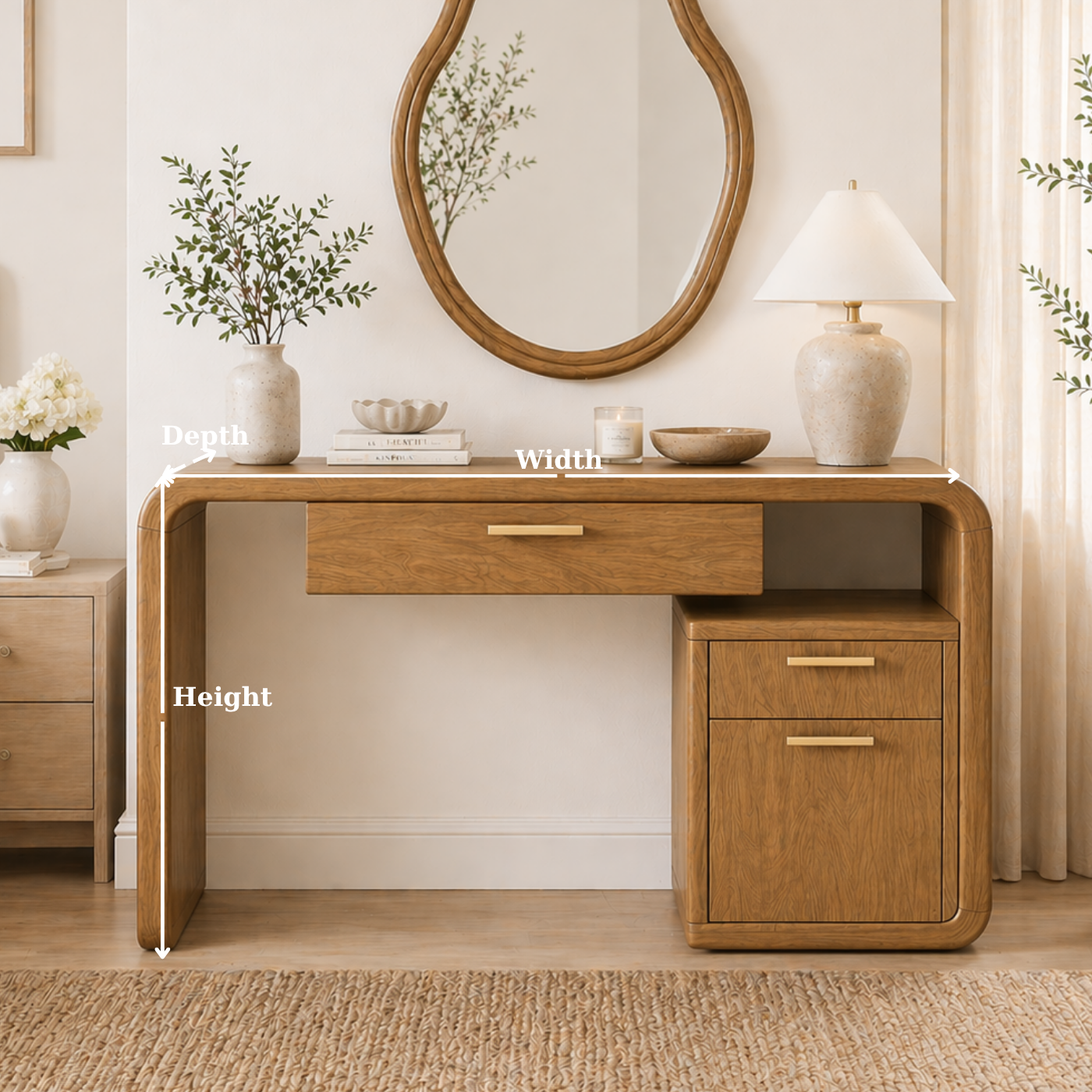 Solid Wood Makeup Vanity Desk with Rounded Frame and Drawer Storage
