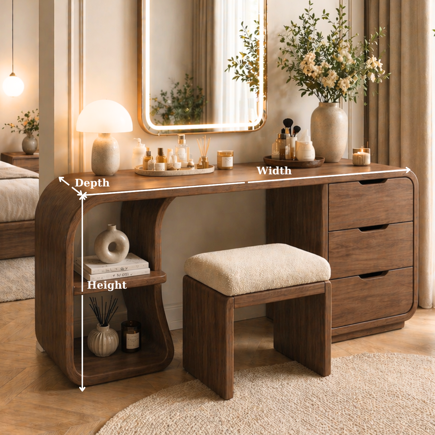 Solid Wood Makeup Vanity Desk with Rounded Waterfall Design and Drawers