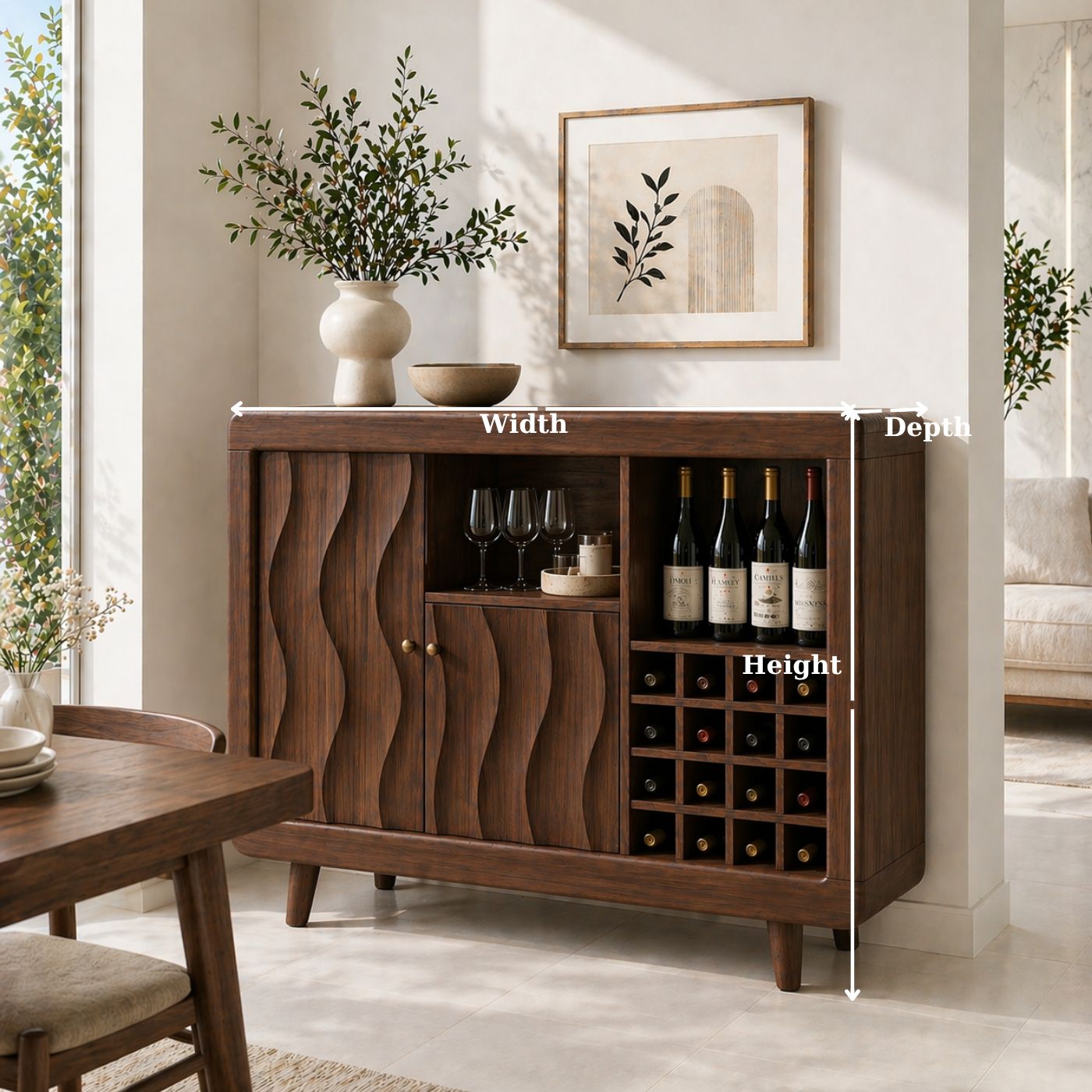 Solid Wood Wine Cabinet with Wave Carved Doors and Built-in Bottle Storage