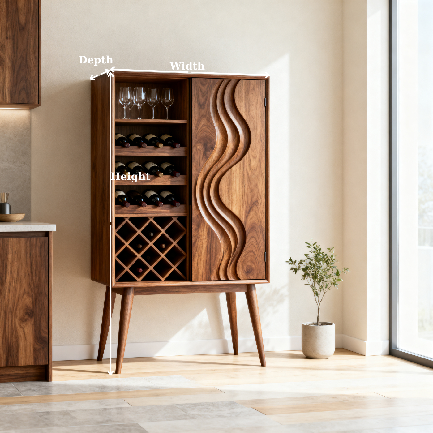 Solid Wood Wine Cabinet with Wave Carved Door and Bottle Storage Rack