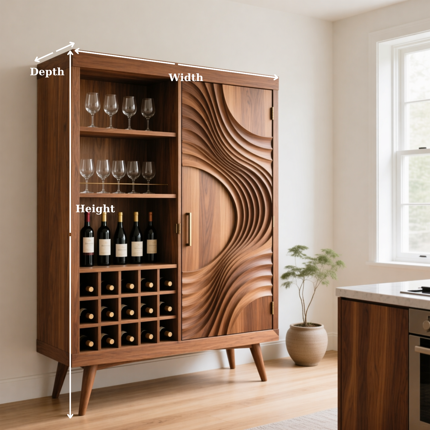 Solid Wood Wine Cabinet with Sculpted Wave Doors and Bottle Storage