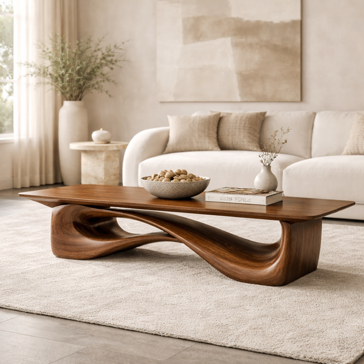 Sculptural Wooden Coffee Table, Modern Organic Living Room Centerpiece Furniture