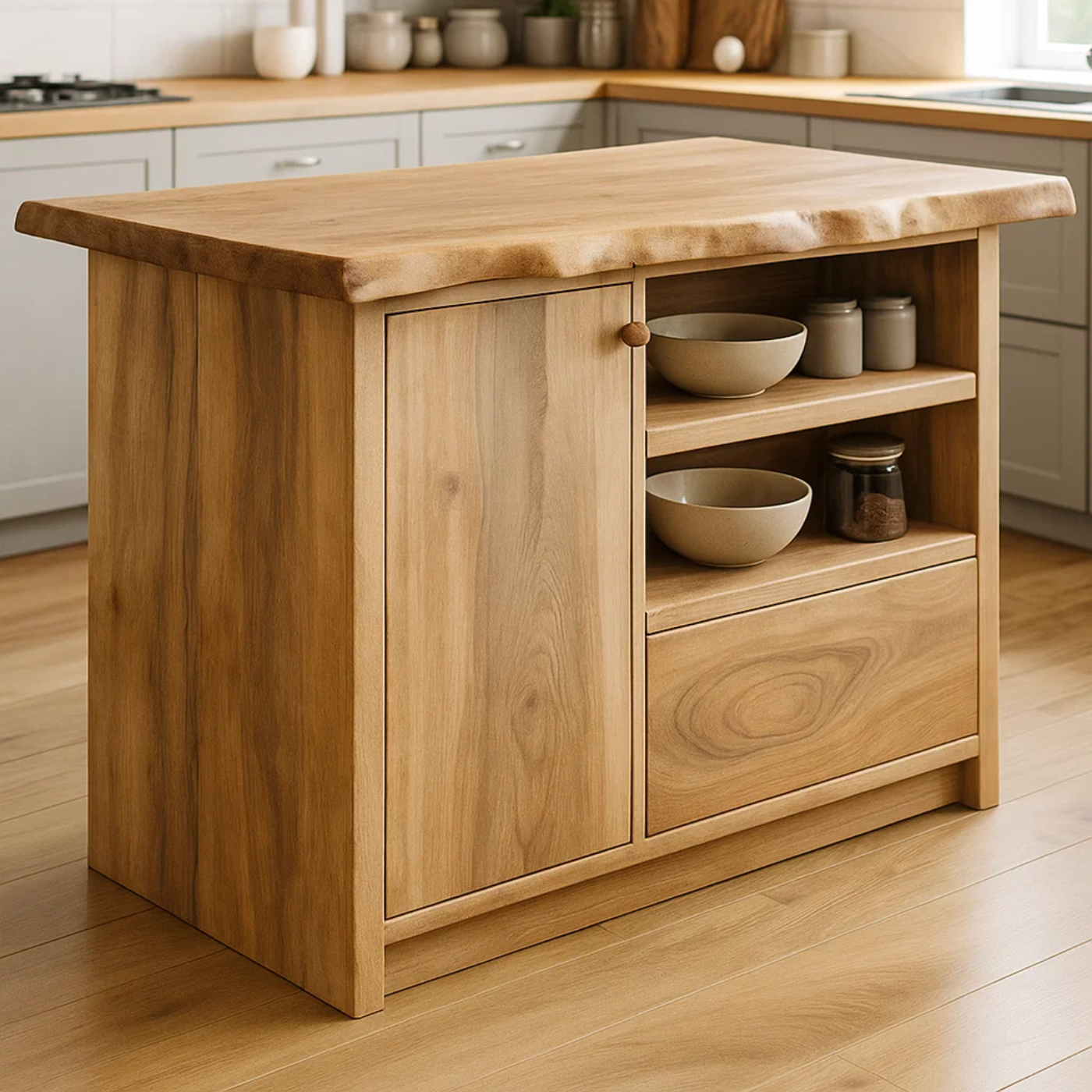 Solid Wood Kitchen Island with Cabinet and Open Shelves, Modern Oak Kitchen Prep Table