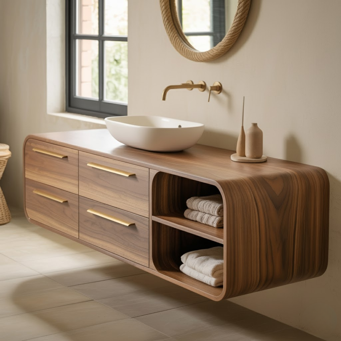 Luxury Floating Solid Wood Bathroom Vanity with Open Shelf Storage