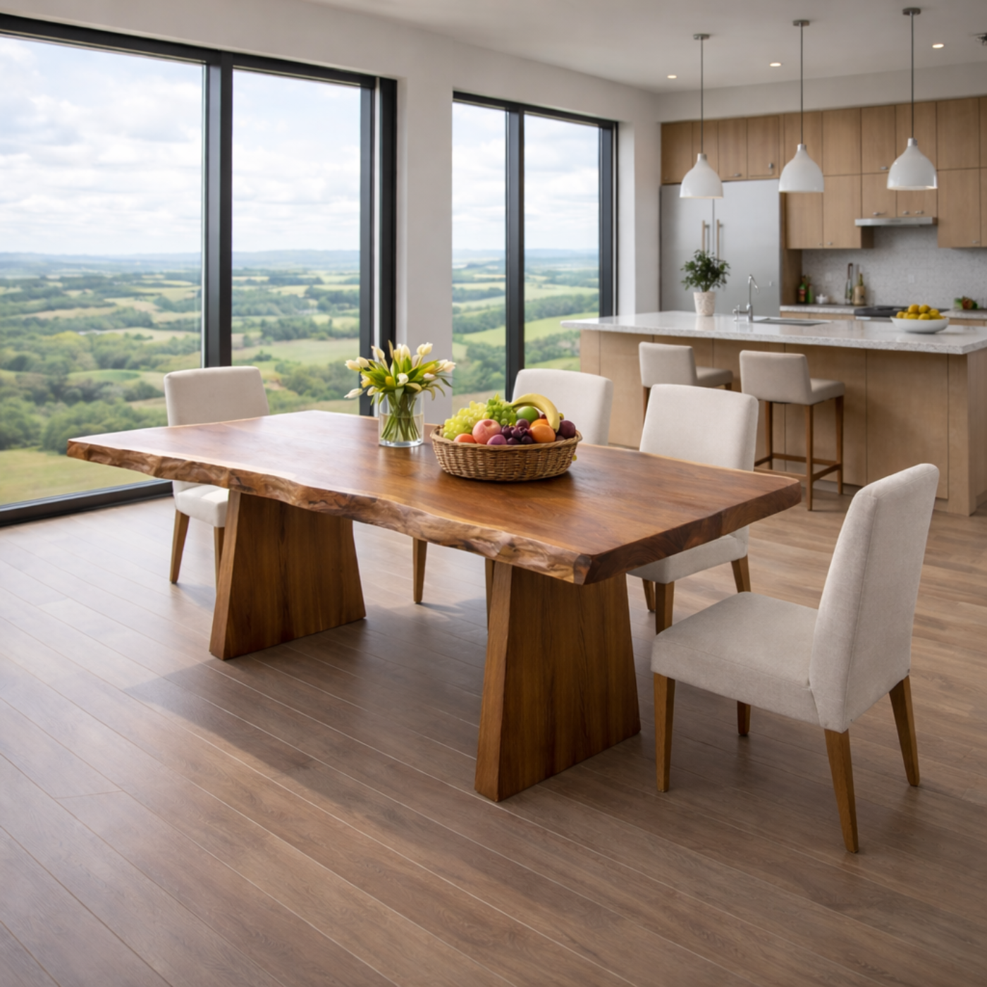 Contemporary Live Edge Solid Wood Dining Table with Architectural Base