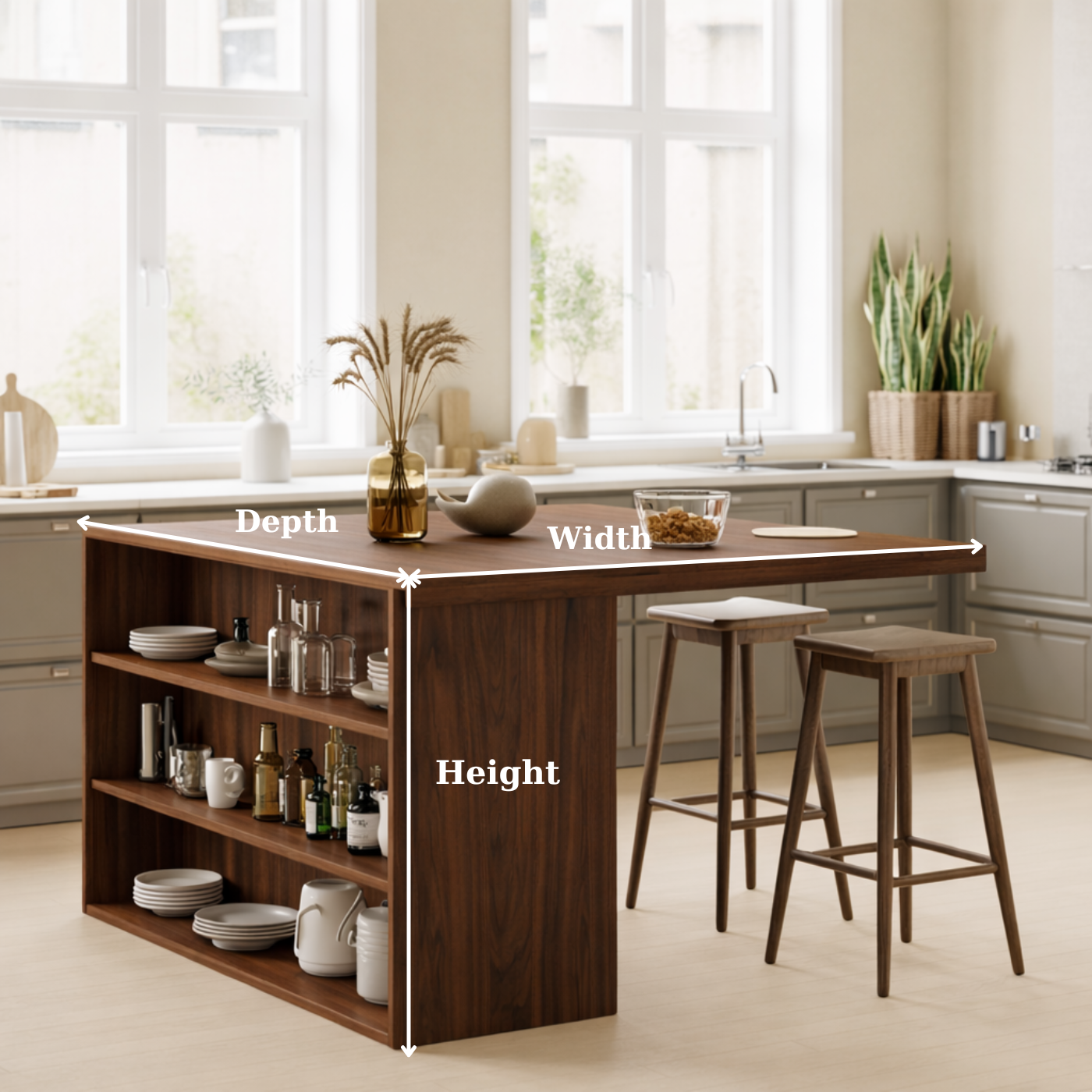 Modern Solid Wood Kitchen Island with Open Storage Shelves