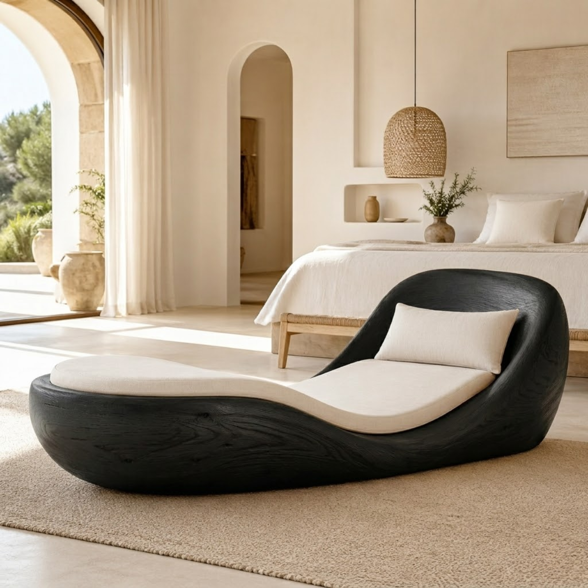 Luxury Curved Chaise Lounge Sculptural Daybed with Cushion for Bedroom Decor