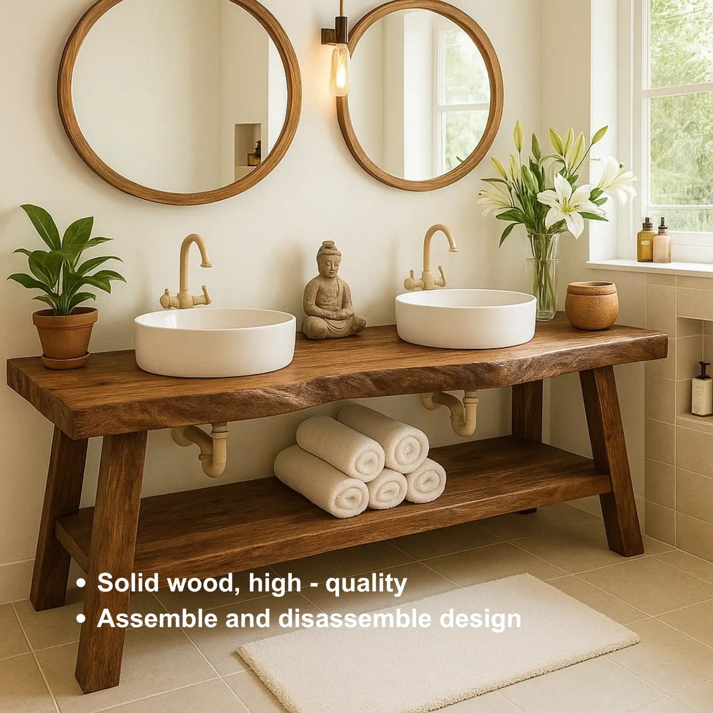 Handcrafted Double Solid Wood Bathroom Vanity with Drawers and Slatted Shelf for Modern Homes Kitchnce