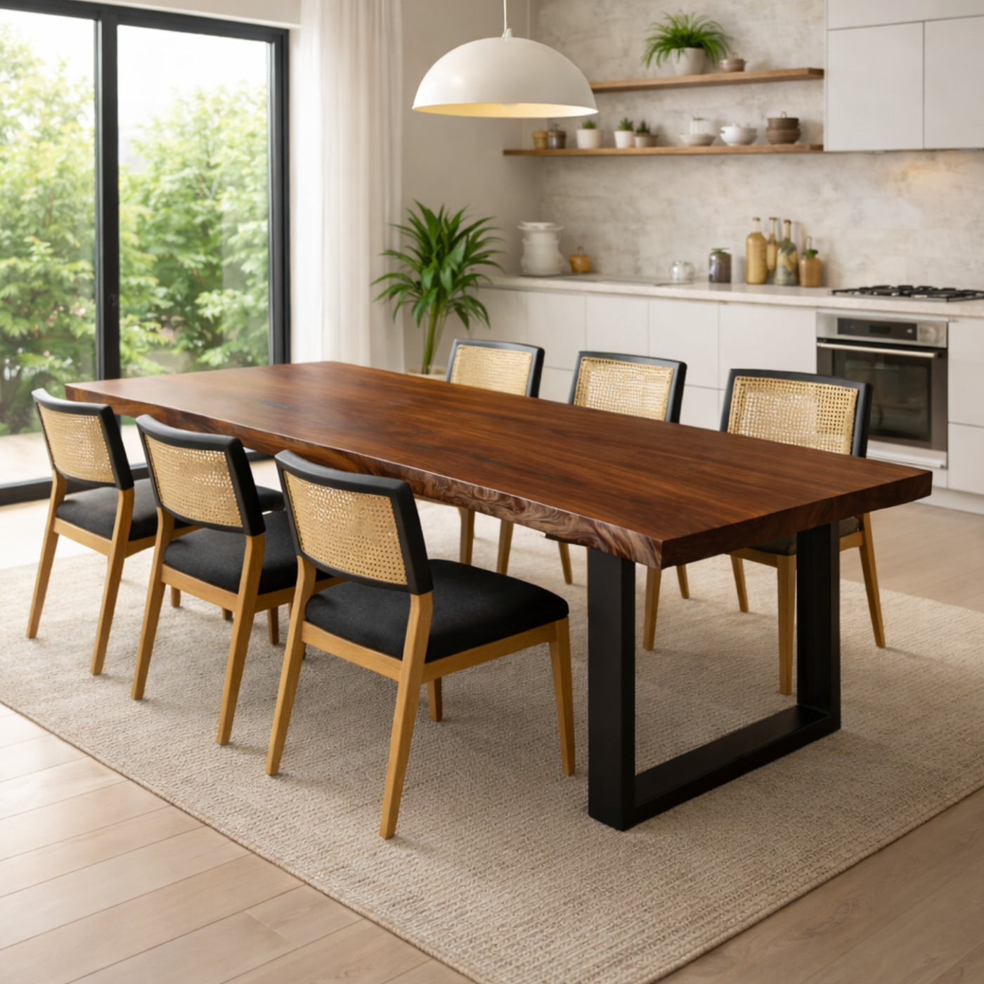 Handcrafted Solid Walnut Dining Table with U-Shaped Steel Base for Minimalist Homes
