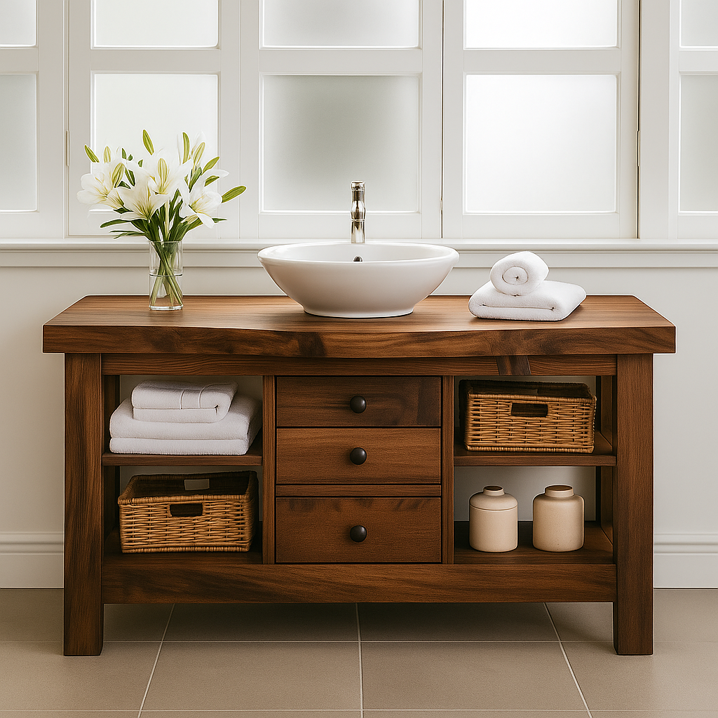 Solid Wood Bathroom Vanity with 3 Drawers & Open Shelf Storage
