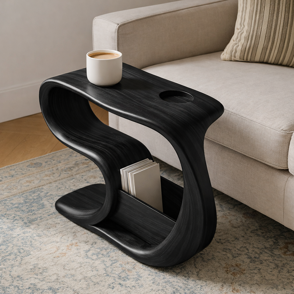 Solid Wood Sofa Armrest Table with Cup Holder and Magazine Storage Side Table