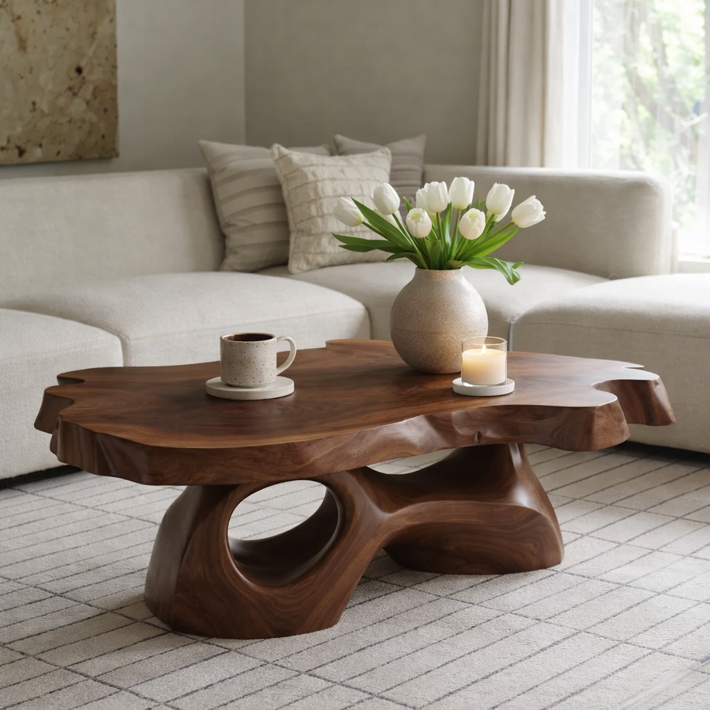 Solid Wood Live Edge Coffee Table with Sculpted Organic Base