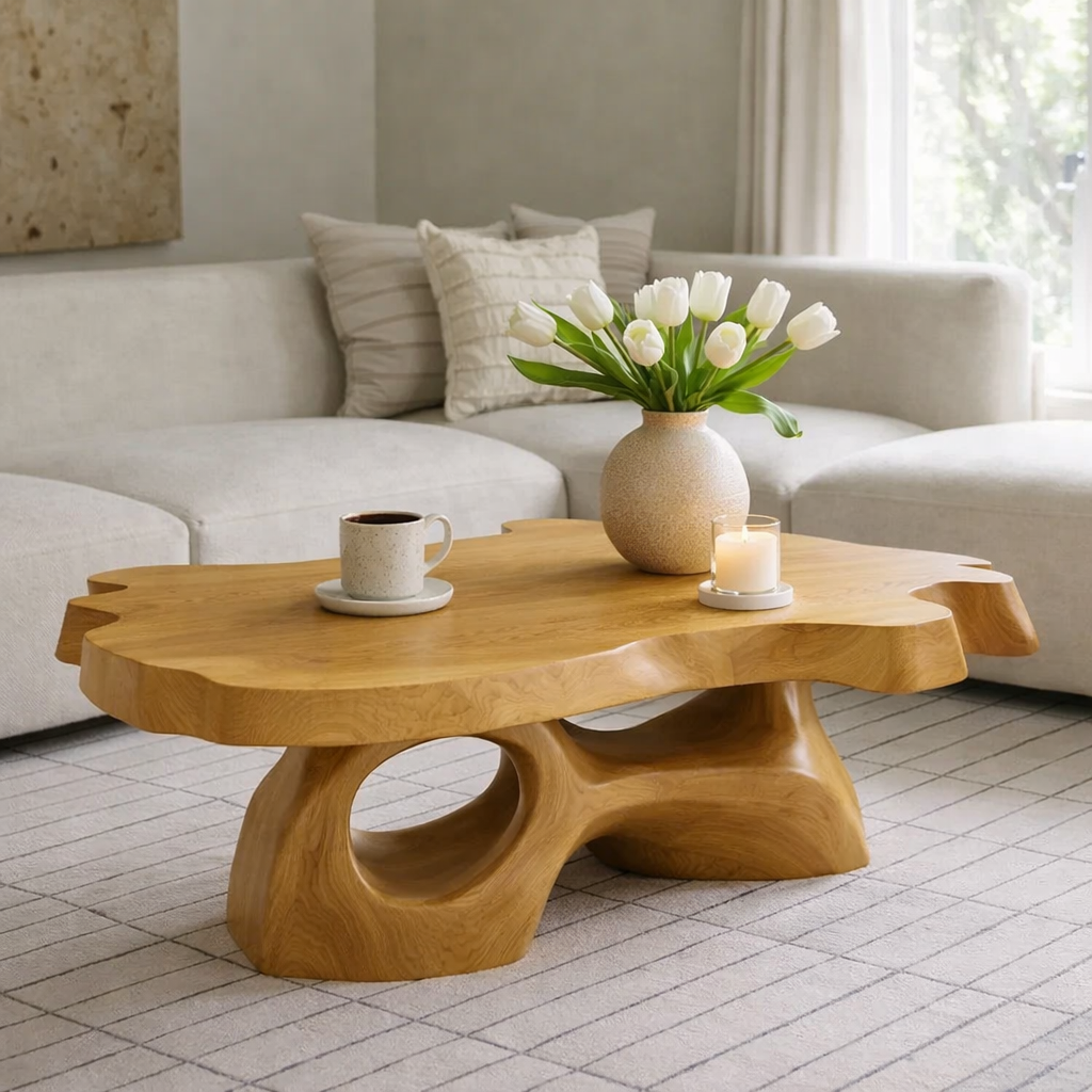 Solid Wood Live Edge Coffee Table with Sculpted Organic Base