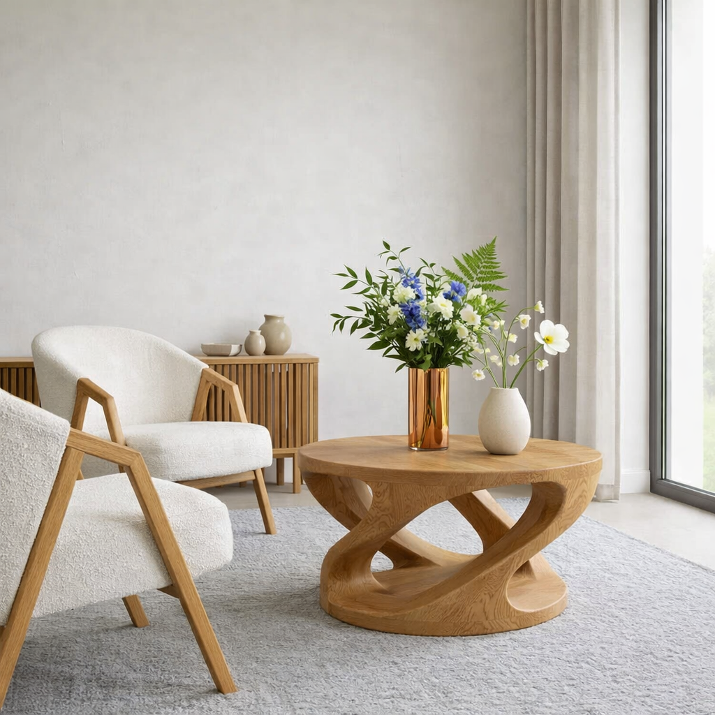 Solid Wood Coffee Table with Sculptural Curved Base