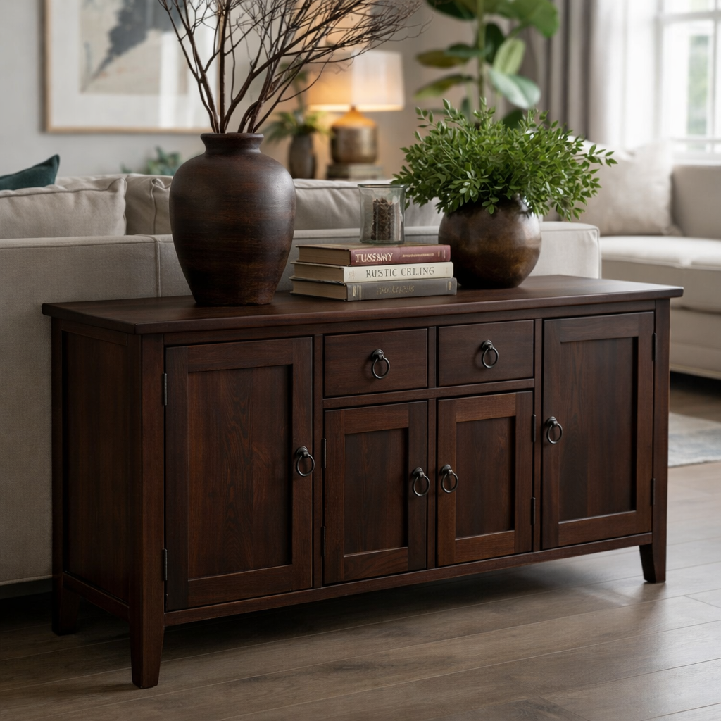 Solid Wood Console Table with Storage Cabinets and Drawers