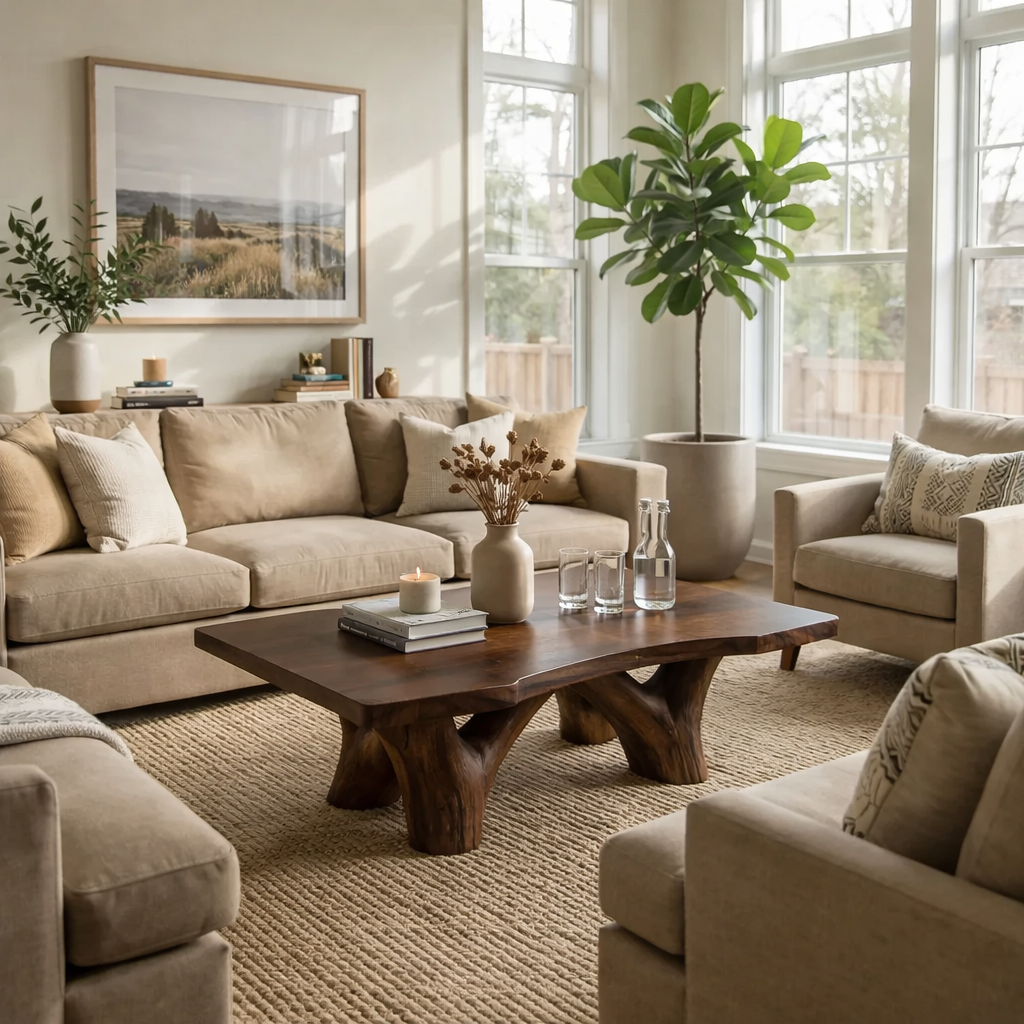 Solid Wood Rustic Coffee Table with Sculpted Base – Live Edge Living Room Coffee Table