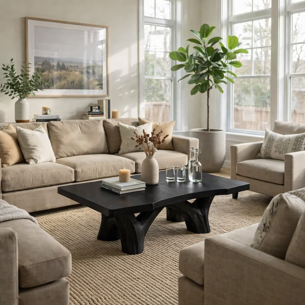 Solid Wood Rustic Coffee Table with Sculpted Base – Live Edge Living Room Coffee Table