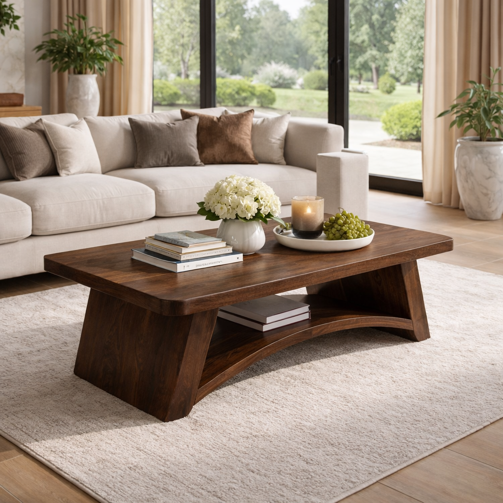 Solid Wood Coffee Table with Sculpted Base and Open Shelf – Rustic Modern Living Room Table
