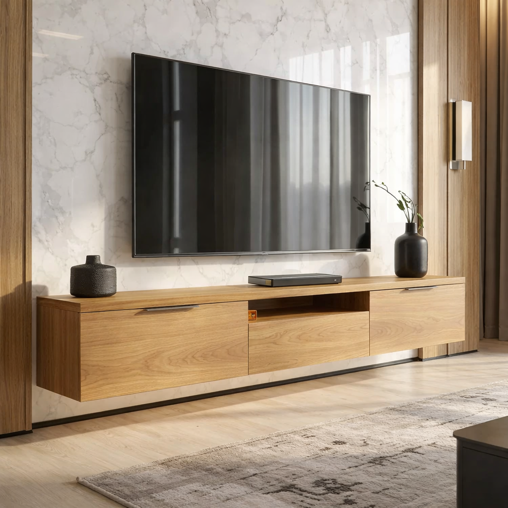 Floating Solid Wood TV Stand with Drawers – Modern Wall Mounted Media Console